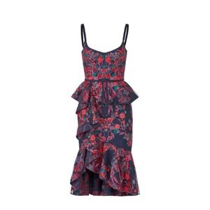 Marchesa Notte Floral Peplum Midi Dress